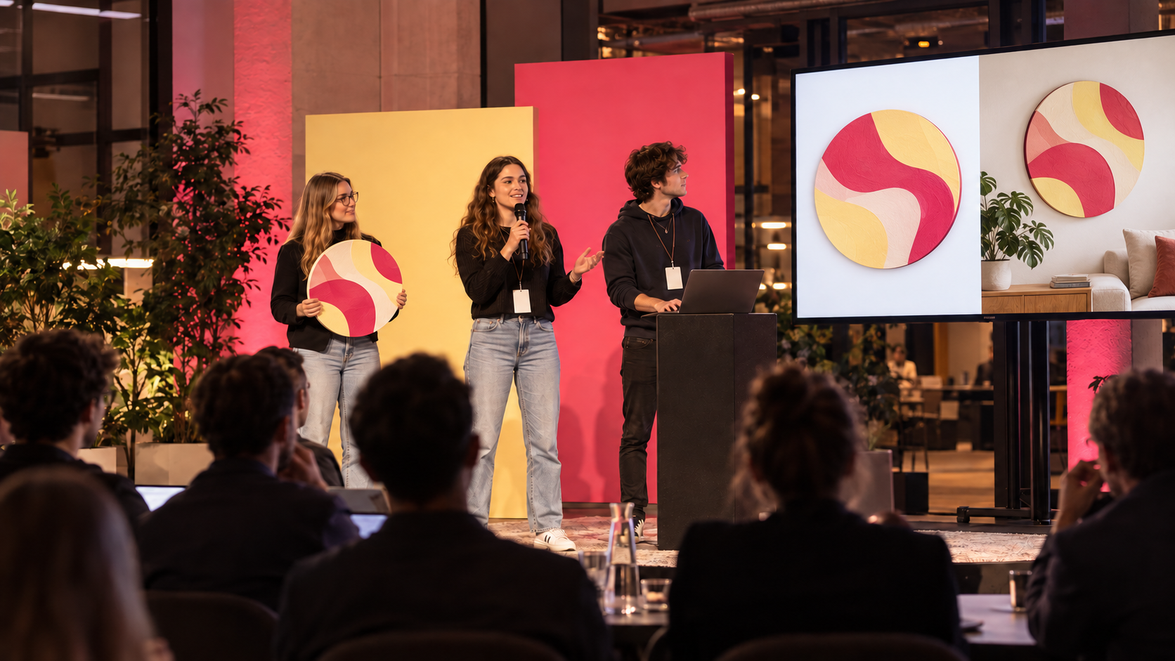 Drie studenten pitchen hun nichemerk op een podium met hun eigen ronde wanddecoratie.