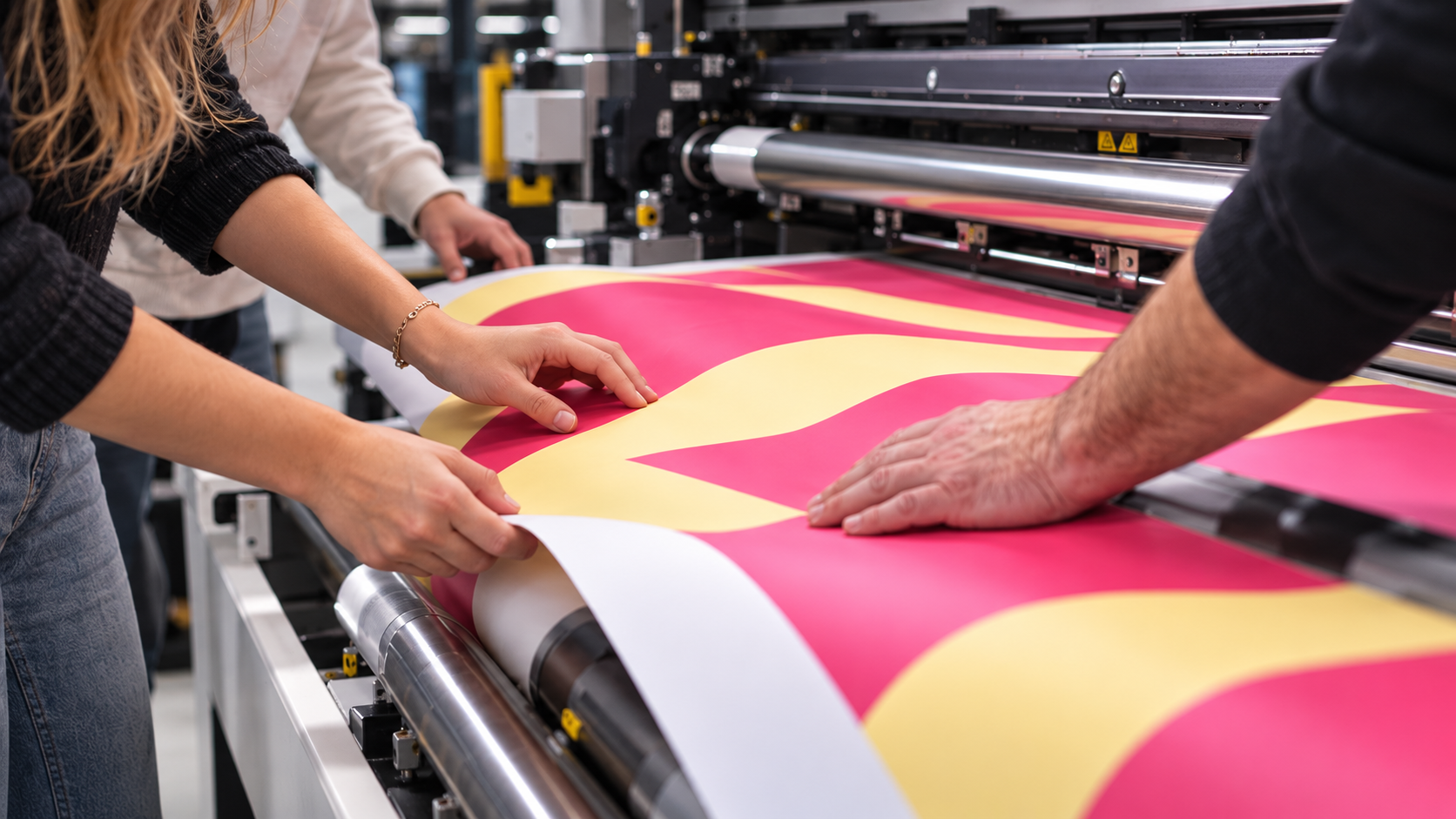 Handen begeleiden een geel-roze print die van de rol van een grootformaatprinter komt.