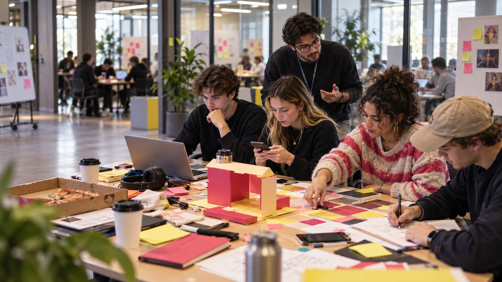 Studenten werken aan een tafel vol post-its, kleurstalen en laptops aan hun merkconcept.
